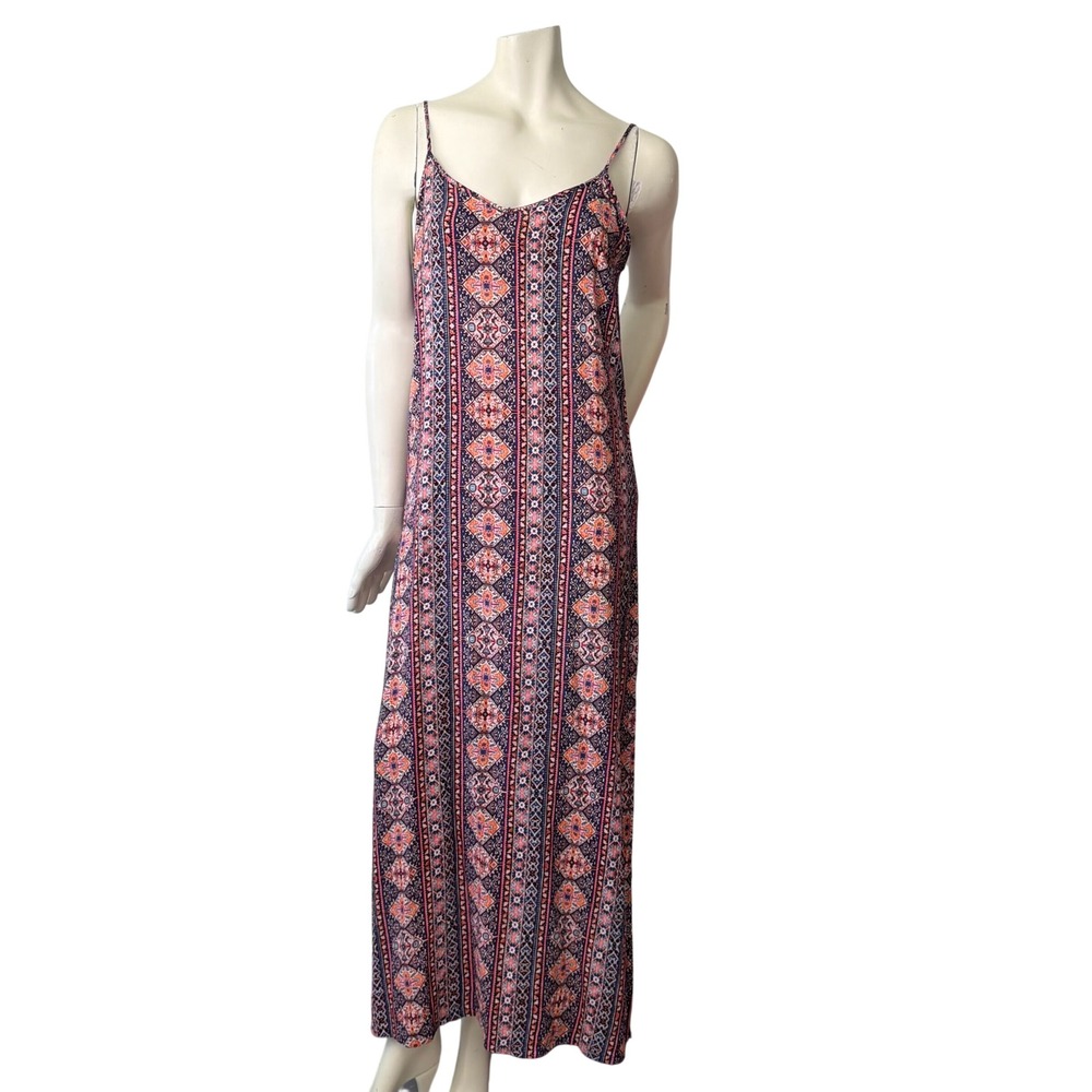 Pink Rose Maxi Dress 100% Rayon Boho Geometric Print Side Slit Blue Orange L